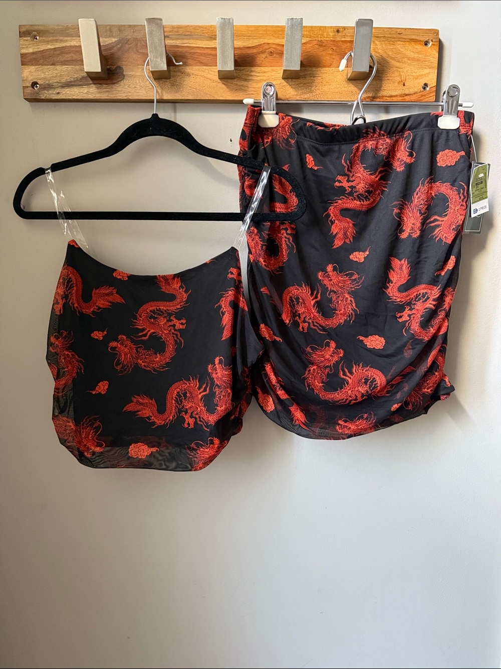 Just Polly - Black 2 Piece Crop Top & Skirt Set with Red Dragon Print